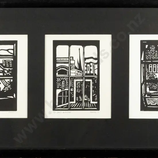 Annie Nevin 2011 -- framed lino cut triptych on paper "Window Series" various editions, H-180 W-505