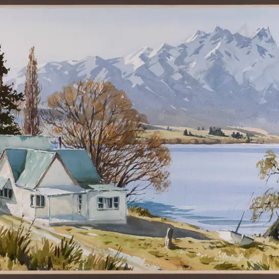 Garrick Tremain -- framed watercolour on paper "Wakatipu Morning" H-360 W-540