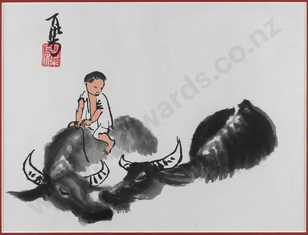 Follower of Li Keran -- framed ink and wash on paper "Washing the Water Buffalo" H-245 W-325 Image 1++
