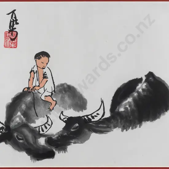 Follower of Li Keran -- framed ink and wash on paper "Washing the Water Buffalo" H-245 W-325