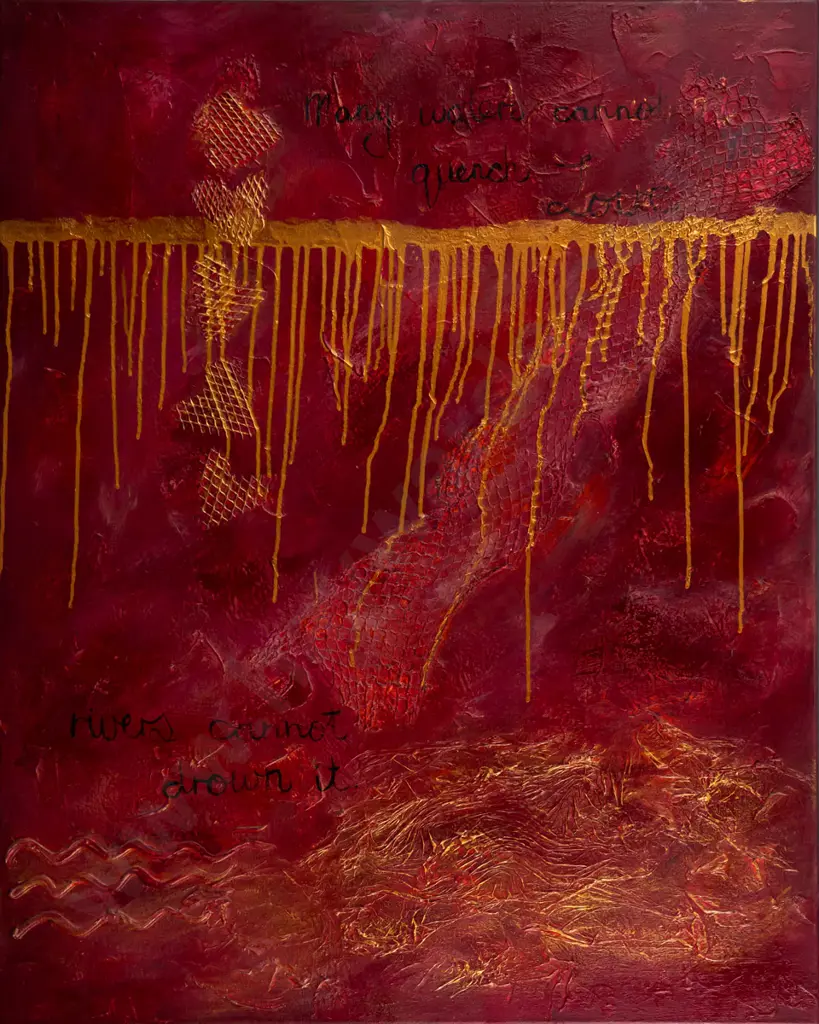 Isla Short -- acrylic & mixed media on stretched canvas "Many Waters Cannot Quench Love" H-1000 W-800 Image 1++