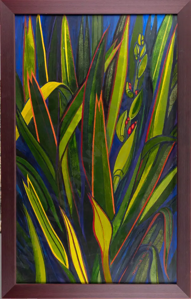 Christine Hill 2002 -- framed oil on board, flax/harakeke - some scratches and paint chipping H-790 W-490 Image 1++