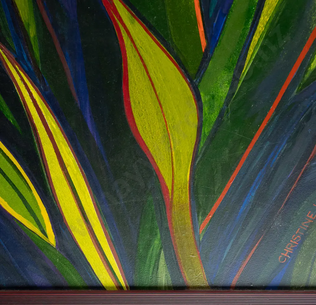 Christine Hill 2002 -- framed oil on board, flax/harakeke - some scratches and paint chipping H-790 W-490 Image 1++