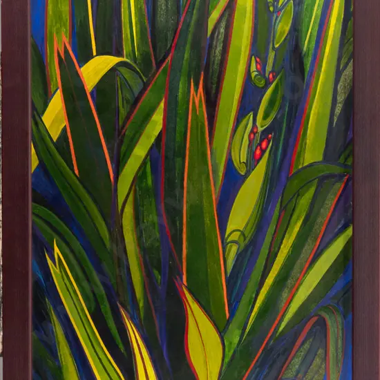 Christine Hill 2002 -- framed oil on board, flax/harakeke - some scratches and paint chipping H-790 W-490