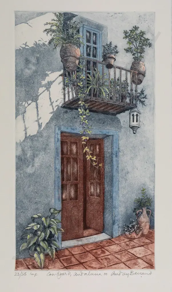 Audrey Bascand 2000 -- unframed hand coloured etching & aquatint on paper "Courtyard Andalusia" ed. 23/25 H-445 W-250 Image 1++