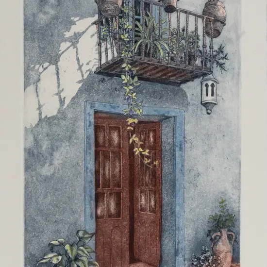 Audrey Bascand 2000 -- unframed hand coloured etching & aquatint on paper "Courtyard Andalusia" ed. 23/25 H-445 W-250