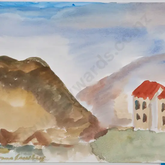 Anna Caselberg -- unframed watercolour on paper "Chapel Out Kurow"  H-295 W-420