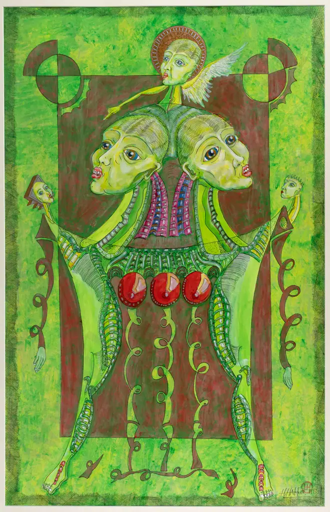 Hans Hakker 1992 -- framed ink and metallic paint on paper, surreal figures H-850 W-570 Image 1++