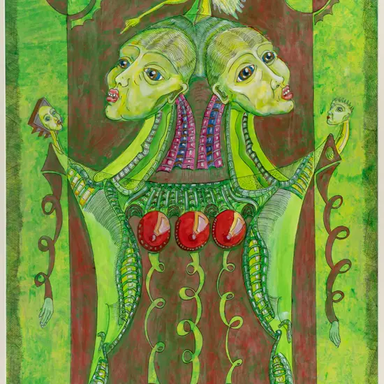 Hans Hakker 1992 -- framed ink and metallic paint on paper, surreal figures H-850 W-570