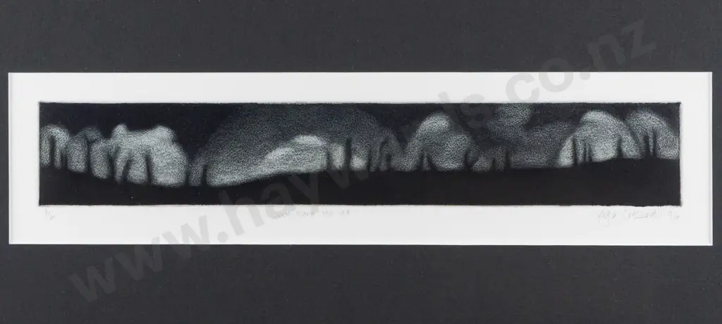 Kyla Cresswell 1996 -- framed aquatint on paper "Swan Plant Hill Line" ed. 3/6 H-80 W-320 Image 1++
