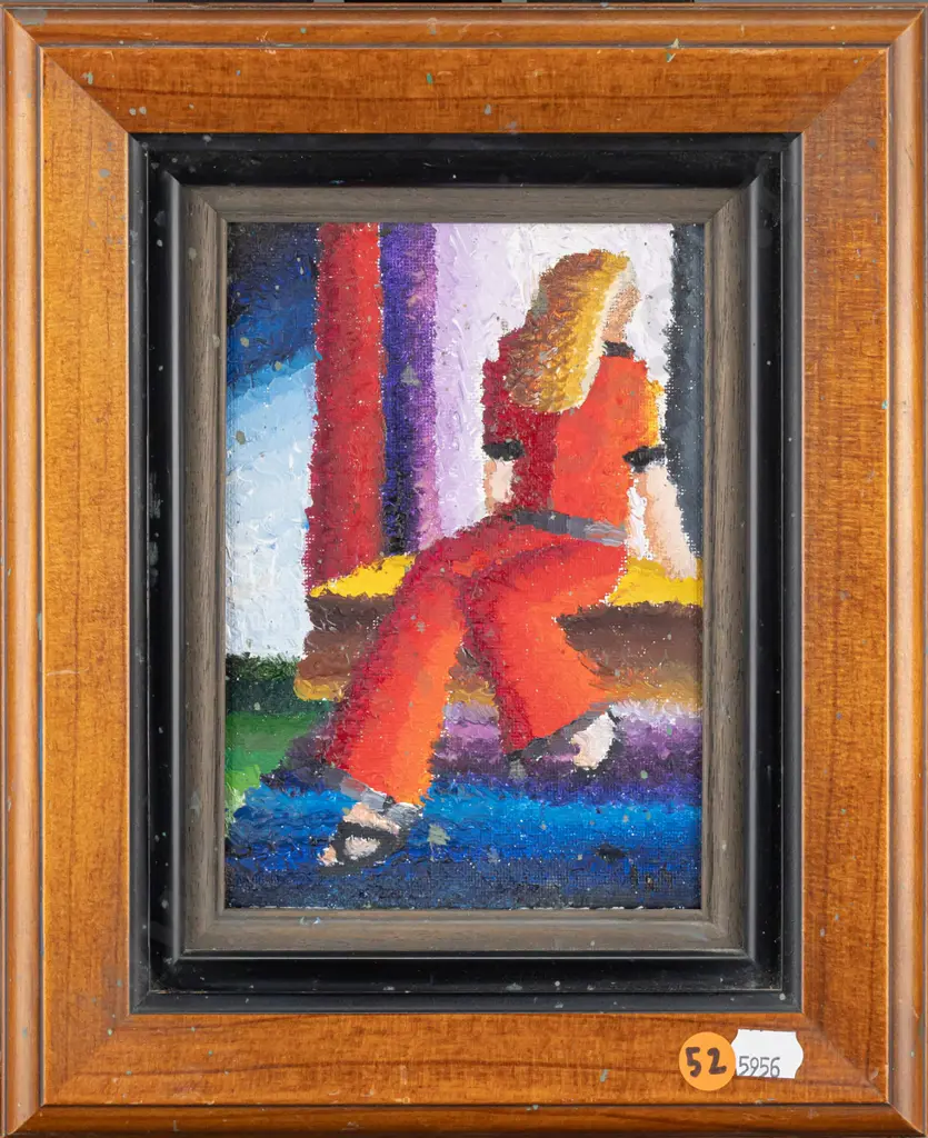 Justin Morshuis -- framed oil on canvas board "Sitting Posed" H-170 W-120 [olive green paint splatters on frame & work] Image 1++