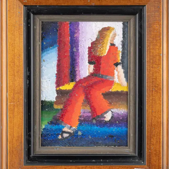 Justin Morshuis -- framed oil on canvas board "Sitting Posed" H-170 W-120 [olive green paint splatters on frame & work]