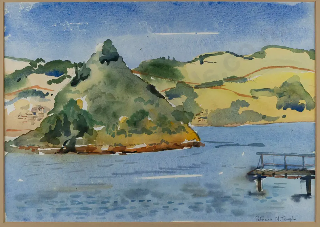 Patricia Tough -- framed watercolour on paper "Dunedin Harbour Scene" H-240 W-345 Image 1++