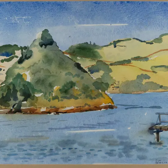 Patricia Tough -- framed watercolour on paper "Dunedin Harbour Scene" H-240 W-345
