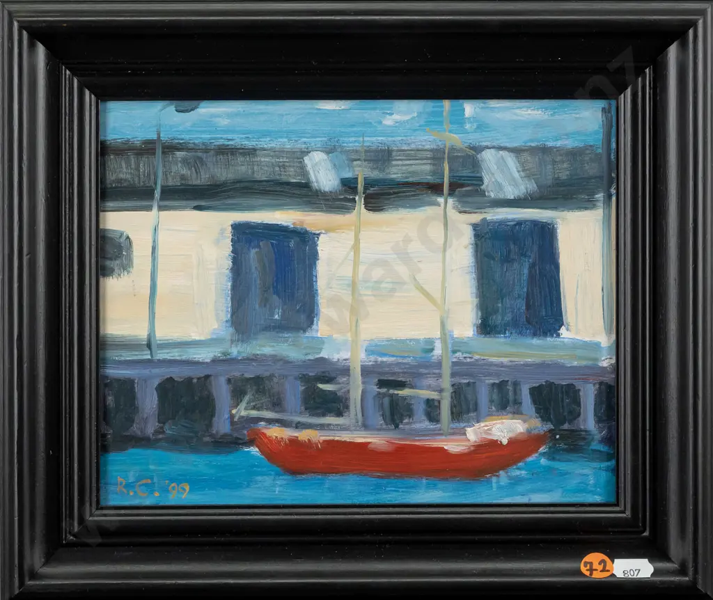 Russell Cundall 1999 -- framed oil on board, "Harbour Scene" H-175 W-220 Image 1++
