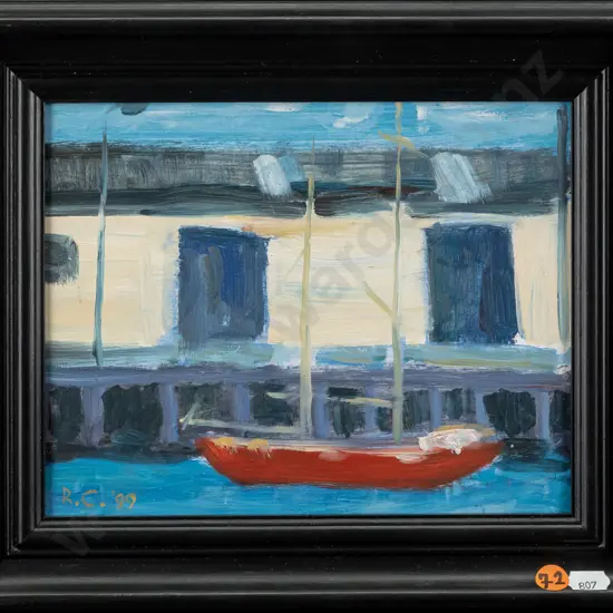 Russell Cundall 1999 -- framed oil on board, "Harbour Scene" H-175 W-220