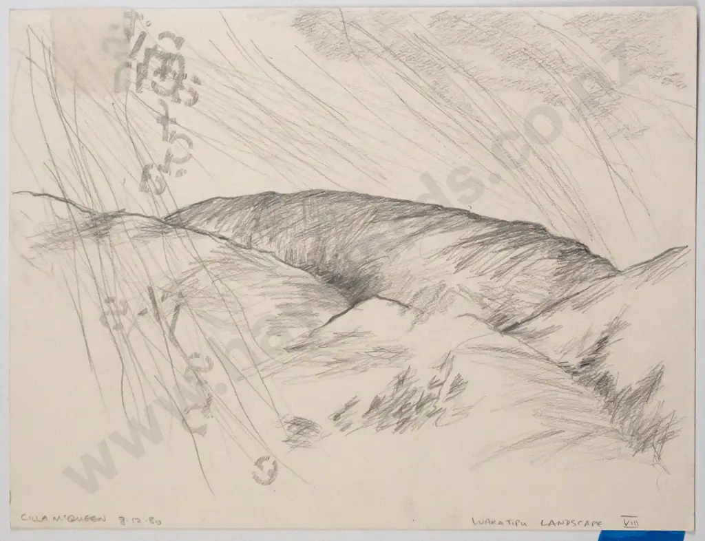 Cilla McQueen 1980 -- unframed pencil on paper "Wakatipu Landscape VIII" H-230 W-300 Image 1++