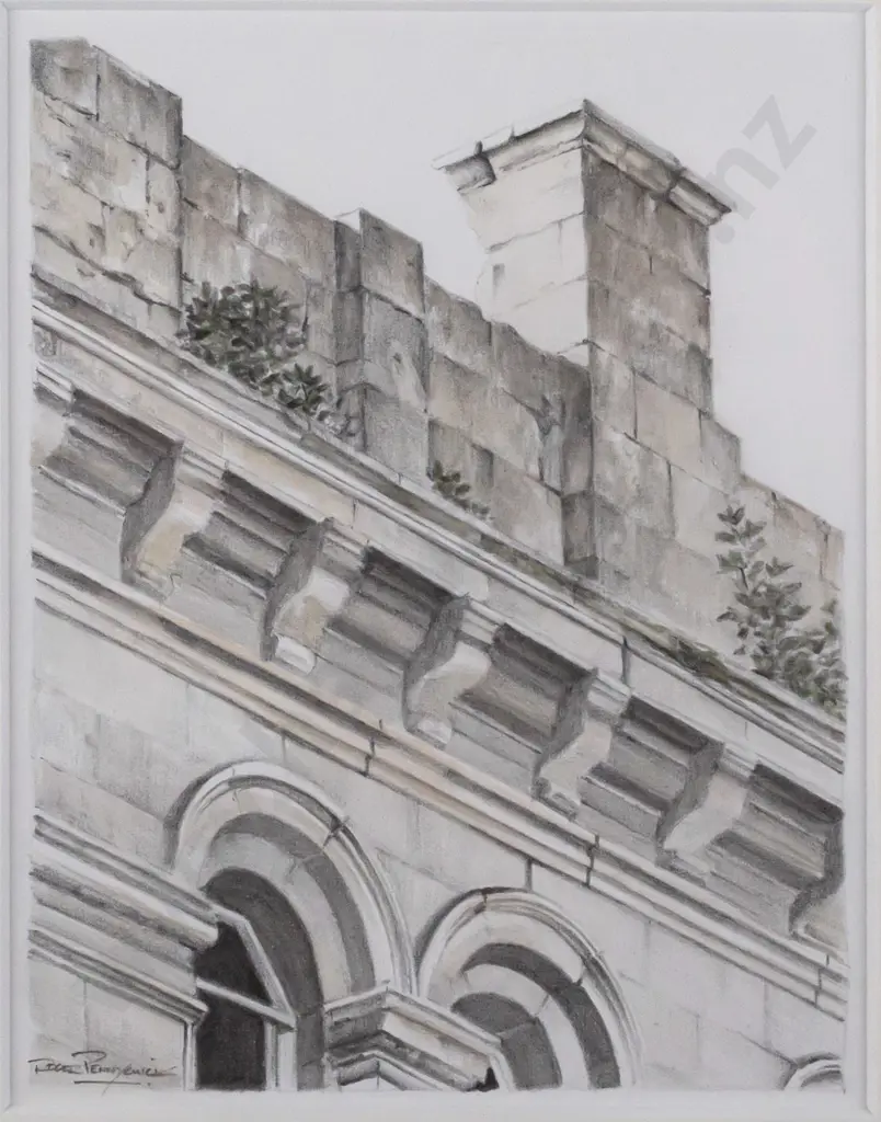 Roger Pennycuick - framed pencil - Oamaru building H160 W120 Image 1++