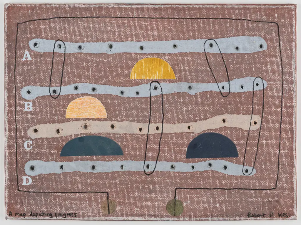 Robert P West -- framed oil and collage on pierced canvasboard "A Map Depicting Progress" H-150 W-200 Image 1++