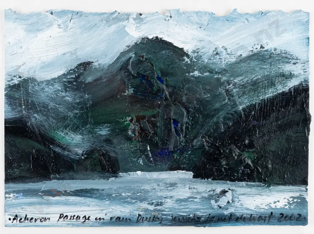 Janet de Wagt 2002 -- framed acrylic on paper "Acheron Passage in Rain, Dusky Sound" H-145 W-210 [dint to upper left Image 1++