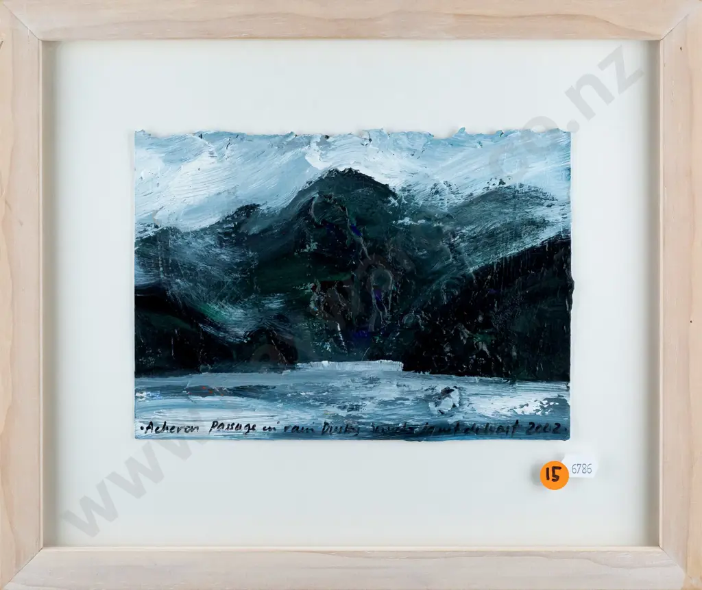 Janet de Wagt 2002 -- framed acrylic on paper "Acheron Passage in Rain, Dusky Sound" H-145 W-210 [dint to upper left Image 1++