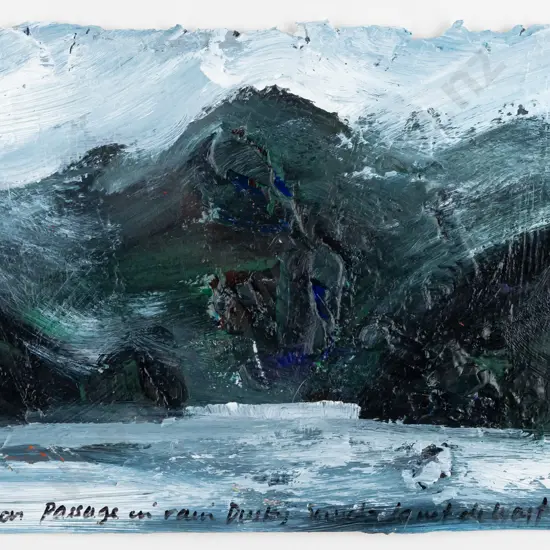 Janet de Wagt 2002 -- framed acrylic on paper "Acheron Passage in Rain, Dusky Sound" H-145 W-210 [dint to upper left