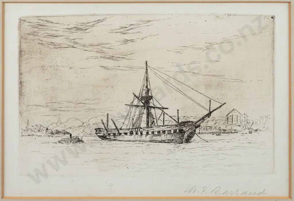 William Francis Barraud -- framed etching on paper "Hulk" signed in pencil, H-120 W-175 [tiny scratch lower edge of Image 1++