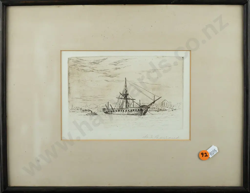William Francis Barraud -- framed etching on paper "Hulk" signed in pencil, H-120 W-175 [tiny scratch lower edge of Image 1++