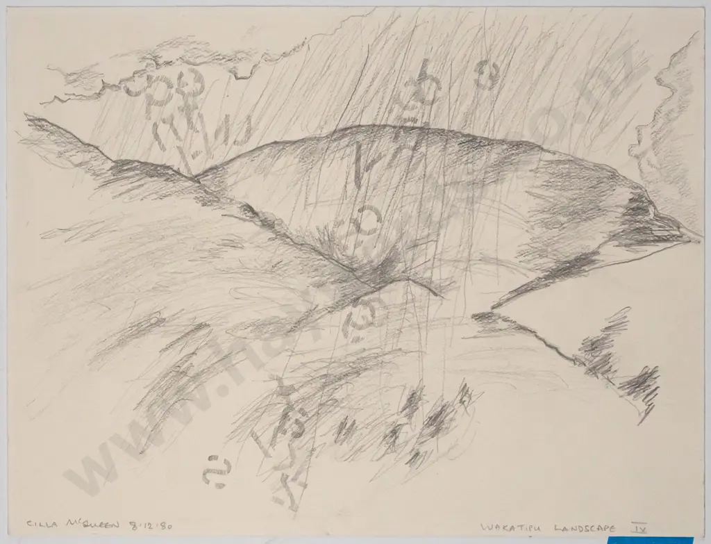Cilla McQueen 1980 -- unframed pencil on paper "Wakatipu Landscape IX" H-230 W-300 Image 1++