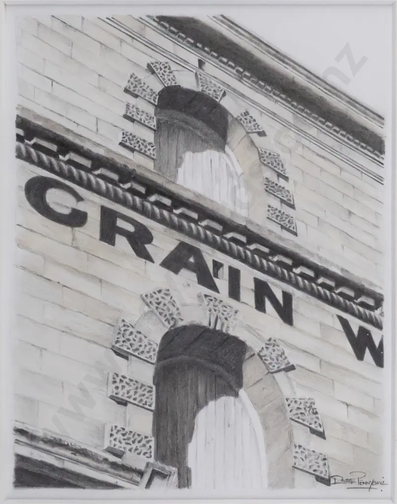 Roger Pennycuick - framed pencil - Oamaru building H160 W120 Image 1++