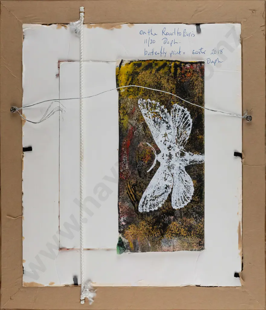 Unknown artist (Daph.) -- framed screenprint on paper "On the Road to Paris" H-185 W-145. 2nd loose print, butterfly, Image 1++