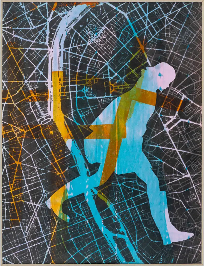 Unknown artist (Daph.) -- framed screenprint on paper "On the Road to Paris" H-185 W-145. 2nd loose print, butterfly, Image 1++