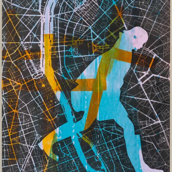 Unknown artist (Daph.) -- framed screenprint on paper "On the Road to Paris" H-185 W-145. 2nd loose print, butterfly,