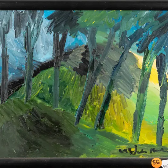 Justin Morshuis -- framed oil on canvas board, landscape, H-195 W-245