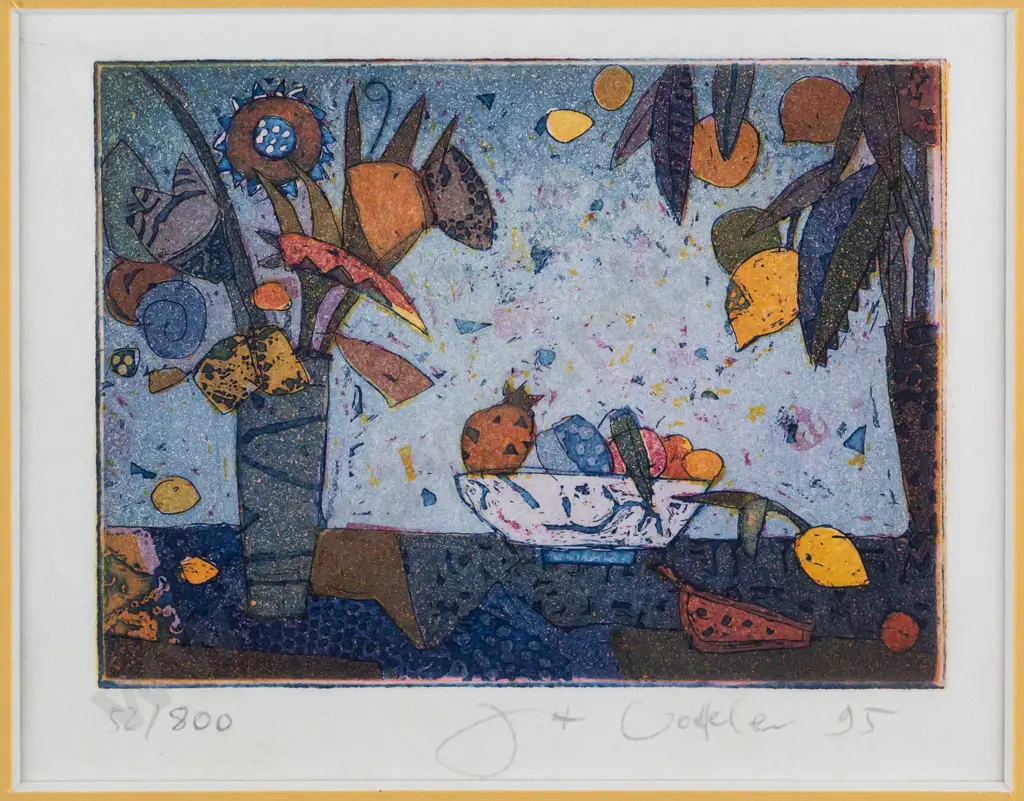 Jutta Votteler [German artist] 1995 -- framed etching and aquatint on paper, abstract still life, H-110 W-140 Image 1++