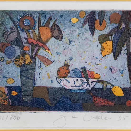 Jutta Votteler [German artist] 1995 -- framed etching and aquatint on paper, abstract still life, H-110 W-140