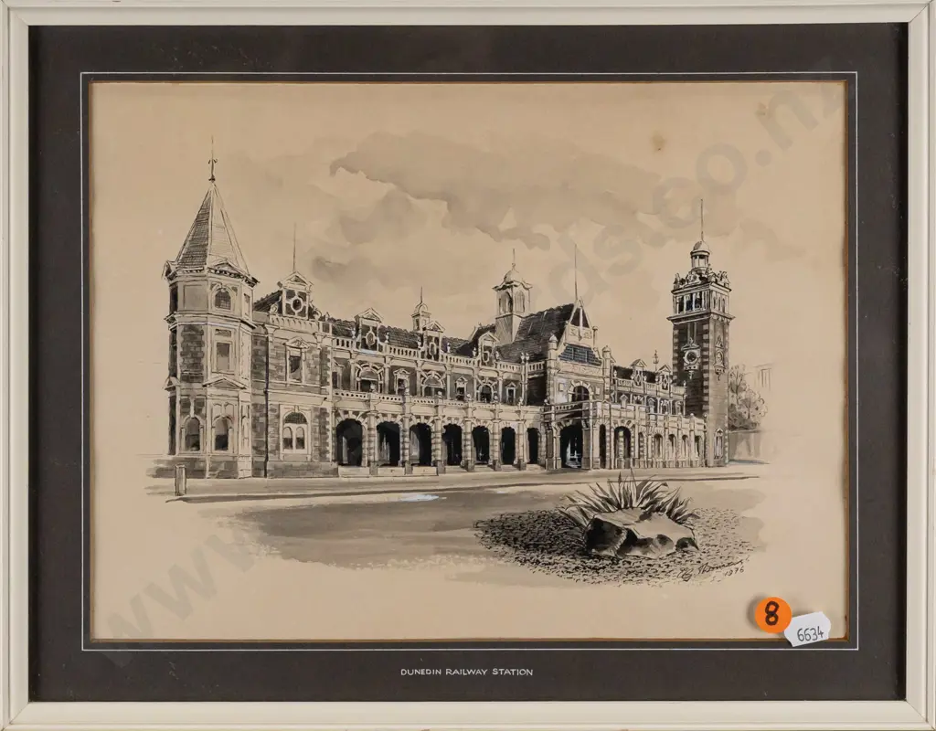 A G Thomas (?) 1976 -- framed ink wash & gouache on paper "Dunedin Railway Station" H-210 W-285 [some spots to inside Image 1++