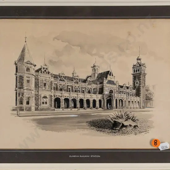 A G Thomas (?) 1976 -- framed ink wash & gouache on paper "Dunedin Railway Station" H-210 W-285 [some spots to inside