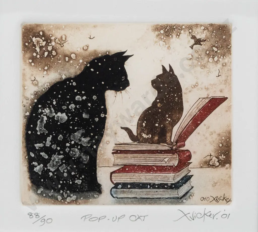 Gary Tricker 2001 -- framed etching on paper "Pop Up Cat" ed. 88/90 H-105 W-115 Image 1++