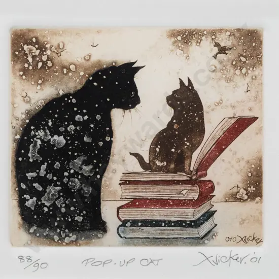 Gary Tricker 2001 -- framed etching on paper "Pop Up Cat" ed. 88/90 H-105 W-115