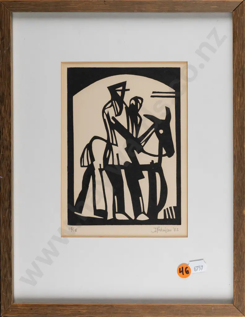 John Z Robinson 1985 -- framed linocut on paper "Henderson and his Donkey" H-170 W-125 Image 1++