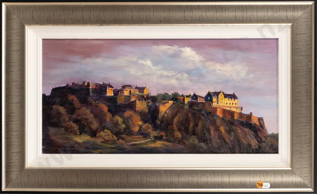 Evelyn McCutcheon 2005 -- framed acrylic on canvas board "Twilight Edinburgh Castle" H-240 W-495 [a few flyspecks] Image 1++