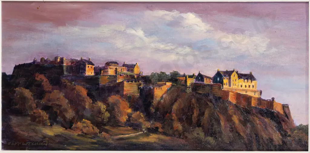 Evelyn McCutcheon 2005 -- framed acrylic on canvas board "Twilight Edinburgh Castle" H-240 W-495 [a few flyspecks] Image 1++