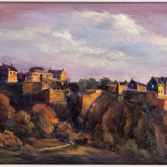 Evelyn McCutcheon 2005 -- framed acrylic on canvas board "Twilight Edinburgh Castle" H-240 W-495 [a few flyspecks]