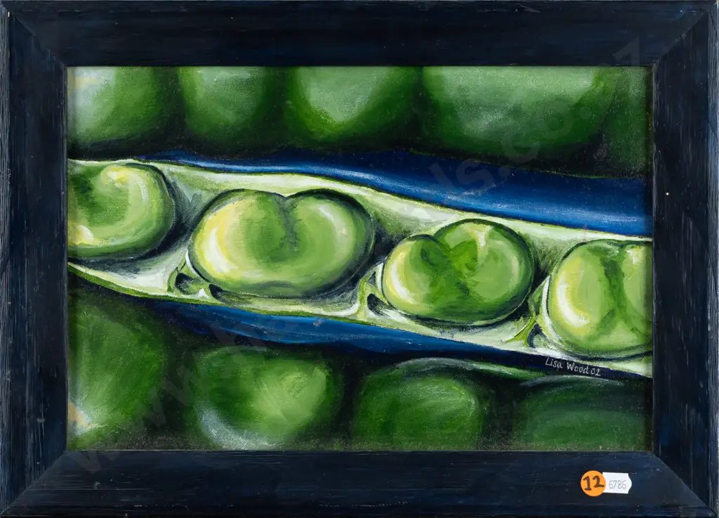 Lisa Wood 2002, acrylic on board in handpainted frame, broad beans, H-210 W-320 [light wear to frame] Image 1++