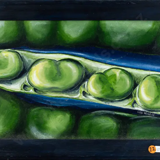 Lisa Wood 2002, acrylic on board in handpainted frame, broad beans, H-210 W-320 [light wear to frame]