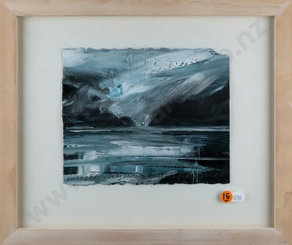 Janet de Wagt 2002 -- framed acrylic on paper "Looking East Dusky Sound" H-155 W-190 [small dints & light marks to frame Image 1++