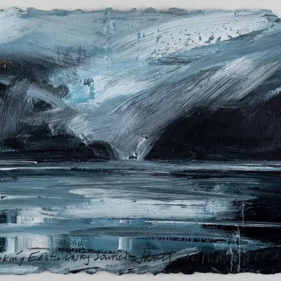 Janet de Wagt 2002 -- framed acrylic on paper "Looking East Dusky Sound" H-155 W-190 [small dints & light marks to frame