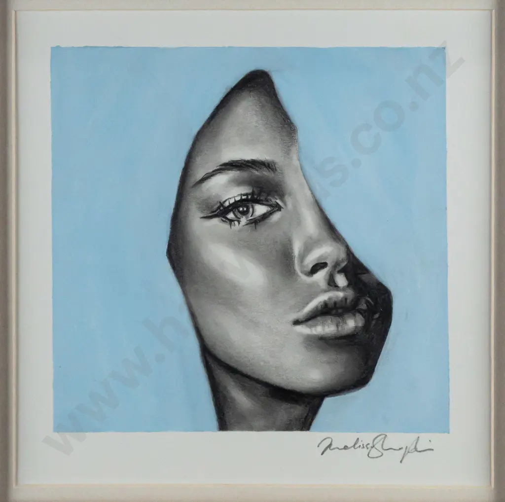 Melissa Sharplin -- framed graphite and acrylic on paper, portrait, H-190 W-190 Image 1++