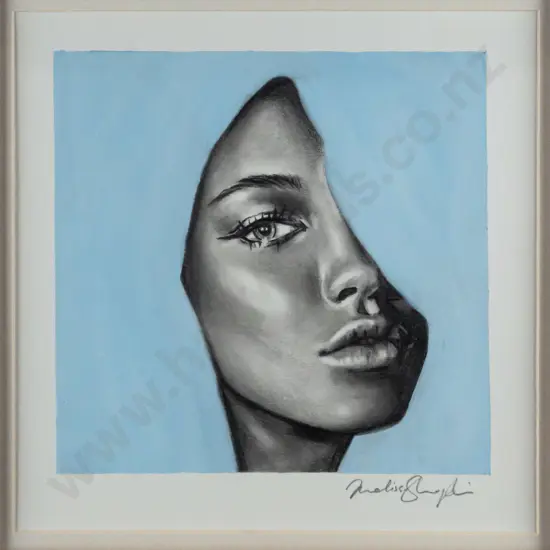 Melissa Sharplin -- framed graphite and acrylic on paper, portrait, H-190 W-190